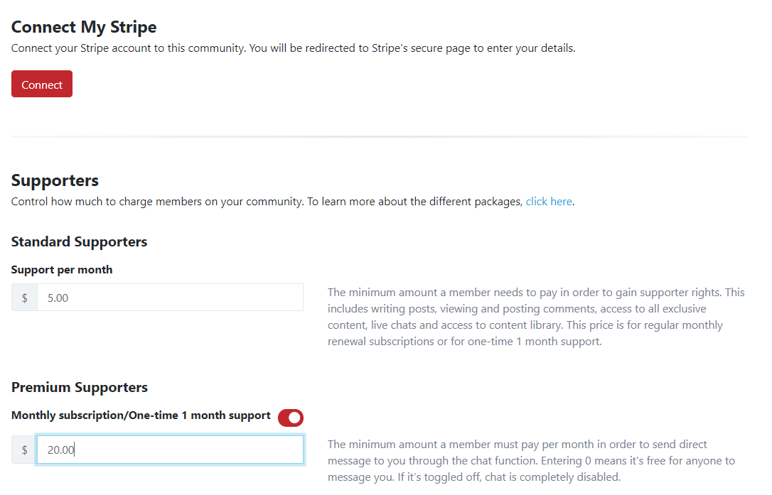 How to set your standard and premium support amount on Locals.com